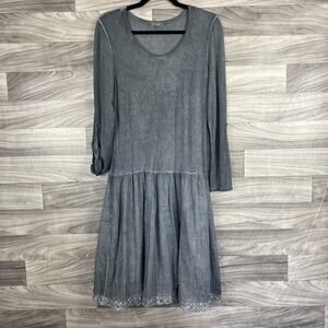 SAGA Dress Womens Medium Gray Lace Trim Roll Tab Sleeve Round‎ Neck Lagenlook